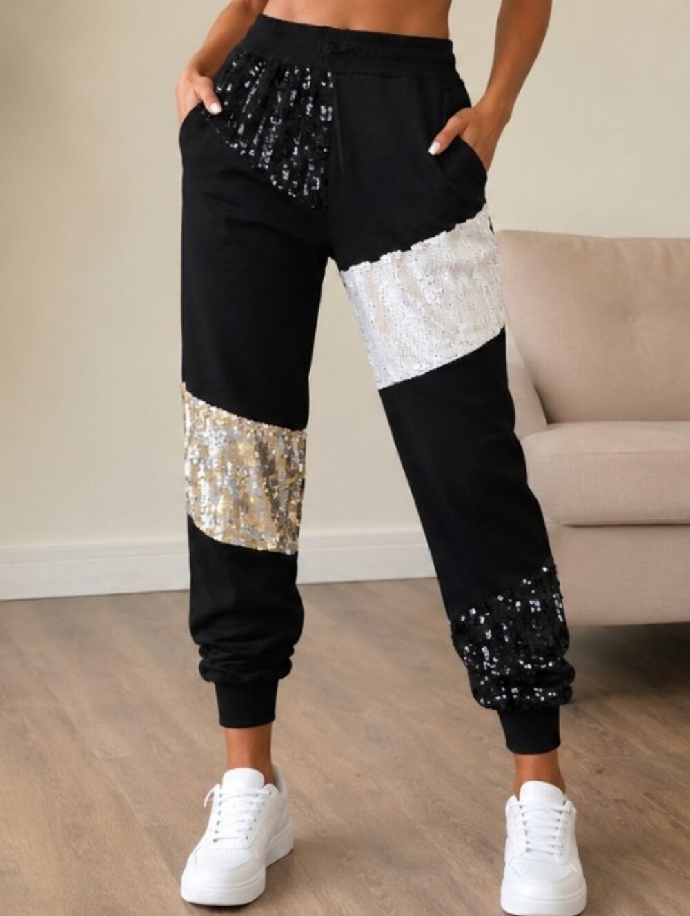 American Retro - Sequin Patchwork Jogger Pants - Black